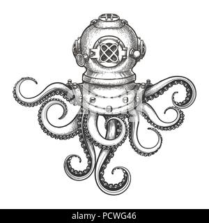 Diver helmet with octopus tentacles drawn in tattoo style. Vector Illustration. Stock Vector
