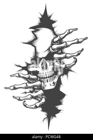 Human Skull peeping Through Hole drawn in tattoo style. Vector illustration. Stock Vector