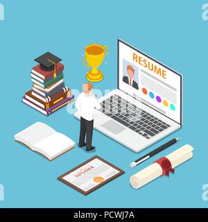 Flat 3d isometric businessman writing resume on his laptop. Job search and recruitment concept. Stock Vector