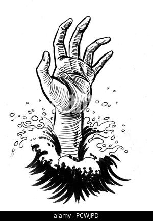 Drowning hand. Ink black and white drawing Stock Photo - Alamy