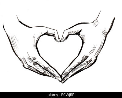 Hands shaping a heart. Ink black and white illustration Stock Photo - Alamy