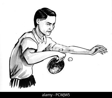 Ping pong player. Ink black and white illustration Stock Photo
