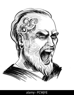 Furious viking with a tattoo on his head. Ink black and white drawing Stock Photo