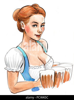 Blonde German woman with a beer mugs. Ink and watercolor illustration Stock Photo