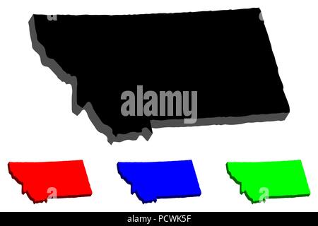 3D map of Montana (United States of America, Big Sky Country) - black, red, blue and green - vector illustration Stock Vector