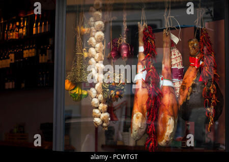 Italian classic meat. meat in the shop window. jerky. dried vegetables. score Stock Photo