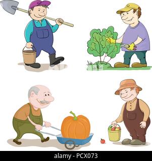 Cartoon Gardeners Work, With a Bucket and Spade, Cuts a Bush with Secateurs, Carries Trolley with Pumpkin, with the Harvest of Apples. Vector Stock Vector