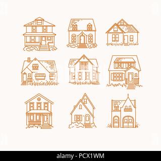 Set of house different forms icons drawing in flat style on beige background Stock Vector