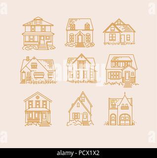 Set of house different forms icons drawing in flat style with gold lines on beige background Stock Vector