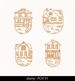 Set of house badges different forms drawing in flat style on beige background Stock Vector
