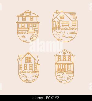 Set of house badges different forms drawing in flat style with gold lines on beige on white background Stock Vector