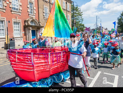 Stockton International Riverside Festival, Stockton on Tees, England. United Kingdom. 4th August 2018. UK weather: glorious sunshine for the community carnival parade at the 31st Stockton International Riverside Festival. Credit: ALAN DAWSON/Alamy Live News Stock Photo