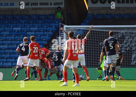 London, UK, 4 Aug 2018. George Friend of Middlesbrough scores his team's second goal. EFL Skybet Championship match, Millwall v Middlesbrough at the Den Stadium in London on Saturday 4th August 2018.  this image may only be used for Editorial purposes. Editorial use only, license required for commercial use. No use in betting, games or a single club/league/player publications. pic by Steffan Bowen/Andrew Orchard sports photography/Alamy Live news Stock Photo