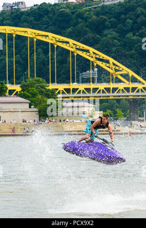 Pittsburgh, PA, USA. 3rd August, 2018. USA Jet-Ski Freestyle Championships at the Pittsburgh Three Rivers Regatta use a variety of freestyle jet-skis and hydro-flight Jet-board devices to perform jumps, backflips, corkscrew spins, flips and rolls into the air. Credit: Amy Cicconi, Alamy Live News Stock Photo