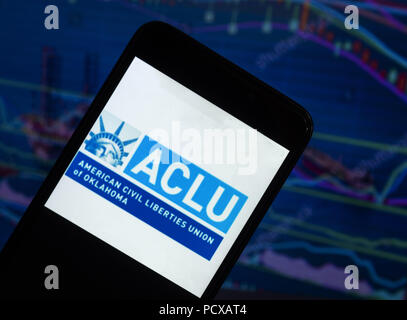 Kiev, Ukraine. 4th Aug, 2018. The American Civil Liberties Union logo seen displayed on a smart phone with a background of a stock market shedle. The American Civil Liberties Union (ACLU) is a nonprofit organization. Credit: Igor Golovniov/SOPA Images/ZUMA Wire/Alamy Live News Stock Photo
