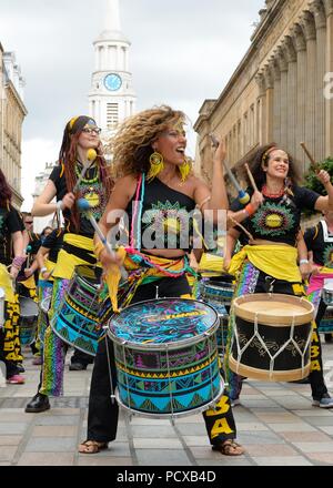 Glasgow, Scotland, UK, 4th, August, 2018. Hutcheson Street, Glasgow, Scotland, UK. Glasgow welcomes Liverpool's Drum and Dance group 'Katumba' to play and entertain at the 'Encontro street band festival' part of Glasgow's 2018 festival. Stock Photo