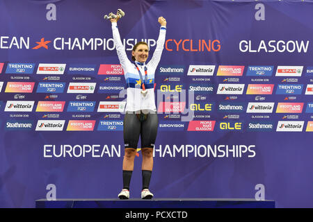 Glasgow, UK. 04th Aug, 2018. Lisa BRENNAUER (GER) - gold in the women's individual pursuit during the European Championships Glasgow 2018 at Sir Chris Hoy Velodrome on Saturday, 04 August 2018. GLASGOW SCOTLAND . Credit: Taka G Wu Credit: Taka Wu/Alamy Live News Stock Photo
