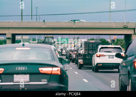 Ontario, Canada.  Heavy traffic on Highway 400 north of Toronto near Vaughan on an early summer evening. Stock Photo