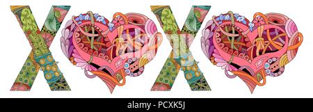 Word XOXO with shape of heart. Vector decorative zentangle object