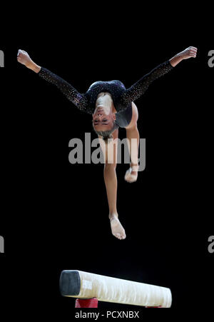 Great Britain's Georgia-Mae Fenton on the balance beam during day three of the 2018 European Championships at The SSE Hydro, Glasgow. Stock Photo