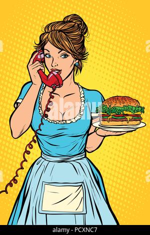 burger Delivery. Hotel service. Waitress Stock Vector