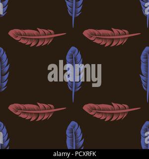 Blue Red Feathers Seamless Pattern Stock Vector