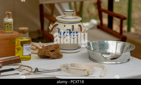 Duncan Mills, CA - July 14, 2018: Physicians’ table featuring medicine bottles and leeches at the Civil War Days event. This is Northern California's  Stock Photo
