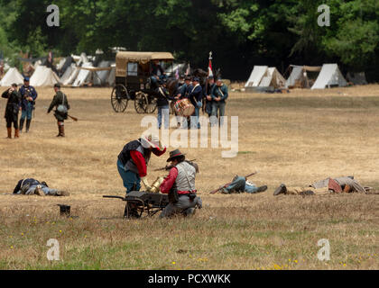 Duncan Mills, CA - July 14, 2018: Reenactors trying to load a cannon in the battlefield at the Northern California's Civil war reenactment. This Civil Stock Photo