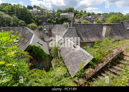 FRANCE, VIGEOIS - JULY 17, 2018: View over the old slated roofs of the medieval village. Stock Photo