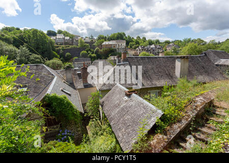 FRANCE, VIGEOIS - JULY 17, 2018: View over the old slated roofs of the medieval village. Stock Photo