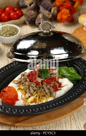 Turkish Meat Kebab served in an anatolian plate Stock Photo