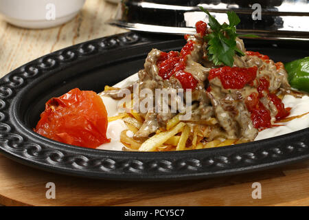 Turkish Meat Kebab served in an anatolian plate Stock Photo