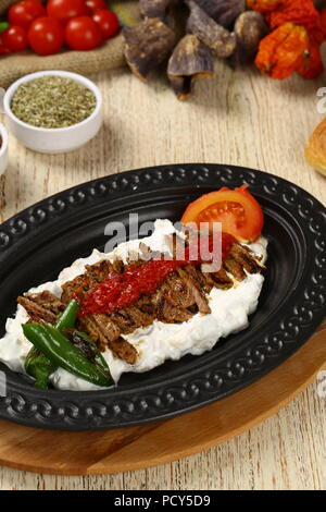 Turkish Meat Kebab served in an anatolian plate Stock Photo