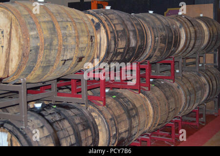 Closeup View Indoor Winery Traditional Rustic Wooden Winery Cask Alcoholic Beverage Vintage Aging Fermentation Production Wine Cellar Vino Keg Barrels Stock Photo