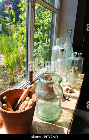 Bottles, glass jars and clothes pegs in the window of an old garden shed, England, UK - John Gollop Stock Photo