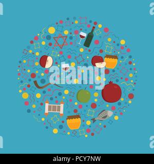 Rosh Hashanah holiday flat design icons set in round shape. Stock Vector