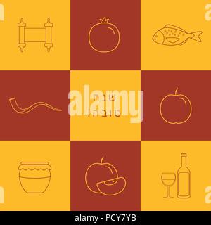 Rosh Hashanah holiday flat design thin line icons set with text in hebrew "Shana Tova" meaning "Have a good year". Orange and brown background. Stock Vector