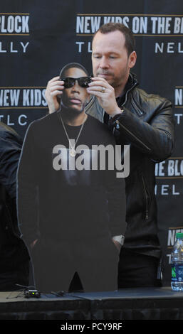 NEW YORK, NY - JANUARY 20: Joey McIntyre, Danny Wood, Donnie Wahlberg, Jordan Knight, and Jonathan Knight of New Kids on the Block pose for a photo during a press conference at Madison Square Garden on January 20, 2015 in New York City  People:  Donnie Wahlberg Stock Photo