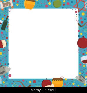 Frame with Rosh Hashanah holiday flat design icons. Template with space for text, isolated on background. Stock Vector