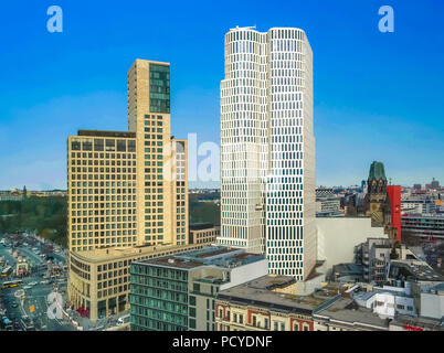 Upper West and Zoofenster towers rise above City West skyline, Kaiser-Wilhelm-Gedächtniskirche Stock Photo