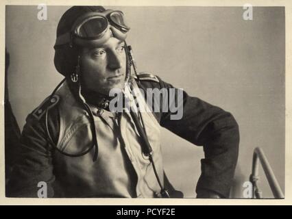 Image from the photo album of Oberfeldwebel Gotthilf Benseler of 9. Staffel, Kampfgeschwader 3: Portrait of Gotthilf Benseler as a Feldwebel, wearing his flying helmet, goggles and life preserver. Summer 1940, during the Battle of France or Battle of Britain. Stock Photo