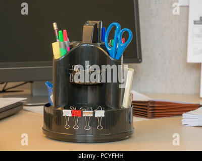 Markers, pen, pencil and accessory in black case isolated Stock Photo