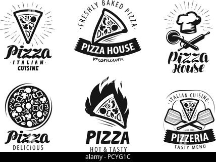 Pizza, pizzeria logo or label. Food icon set. Vector illustration Stock Vector