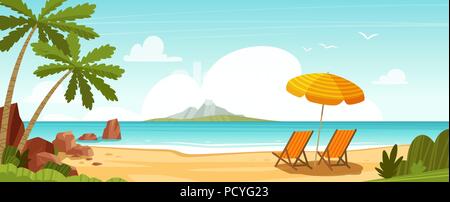 Sea beach and sun loungers. Seascape, vacation banner. Cartoon vector illustration Stock Vector