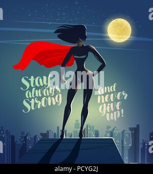 Superhero woman standing on the roof of a skyscraper. Comics cartoon vector illustration Stock Vector