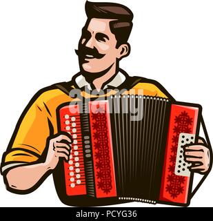 Happy man playing the accordion. Music festival concept. Cartoon vector illustration Stock Vector