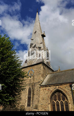 The twisted spire of St. Peter's Church, the parish church of Barnstaple in North Devon Stock Photo