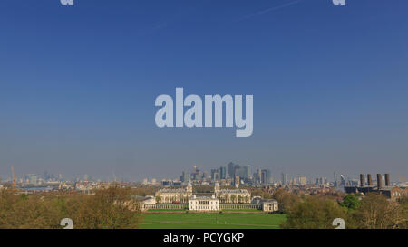 The view of the Old Royal Naval College in Greenwich, with the Docklands beyond, from the Royal Observatory on a clear spring morning Stock Photo