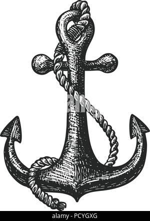 Hand-drawn ship anchor and rope. Vintage sketch vector illustration Stock Vector