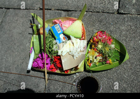 The Balinese daily offerings in Hindu ritual. Called 'canang sari' in local language. Stock Photo